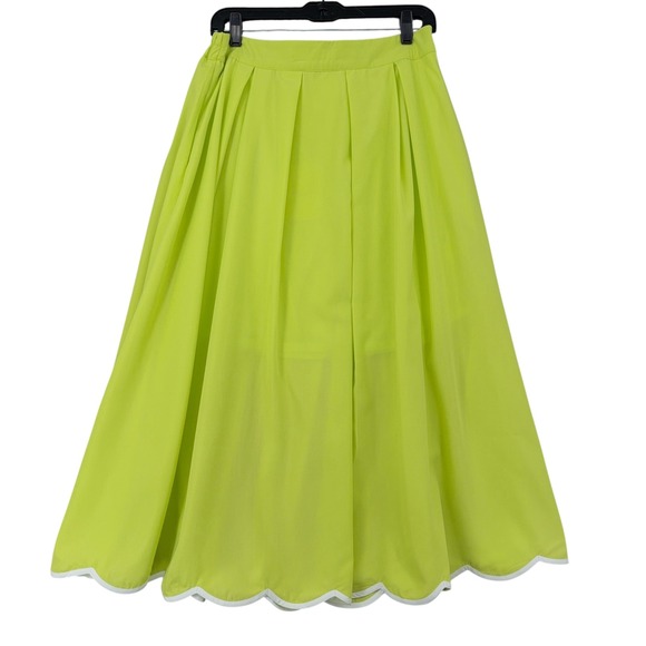 Entro Lime Green Scalloped Hem Midi Skirt Neon Pleated Elastic Back S27035 Large - Picture 2 of 8